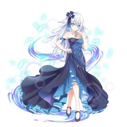 Rule 34 | 1girl, black heart (neptunia), blue eyes, blue feathers, breasts, dress, feathers, full body, hair ornament, highres, jewelry, long hair, necklace, neptune (series), official art, solo, transparent background, tsunako, very long hair, white hair