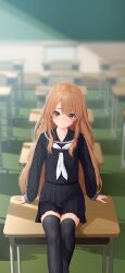 Rule 34 | 1girl, aisaka taiga, black sailor collar, black serafuku, black shirt, black skirt, black thighhighs, blurry, blurry background, brown eyes, brown hair, classroom, closed mouth, collarbone, commentary request, cyelho, desk, feet out of frame, highres, indoors, light blush, long hair, long sleeves, looking at viewer, neckerchief, on desk, partial commentary, pleated skirt, sailor collar, school desk, school uniform, serafuku, shirt, sitting, skirt, sleeves past wrists, smile, solo, thighhighs, toradora!, very long hair, white neckerchief