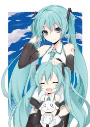 Rule 34 | 2girls, :3, :d, ^ ^, aqua hair, bad id, bad pixiv id, blue eyes, blush stickers, chibi miku, closed eyes, cloud, detached sleeves, dog, closed eyes, fang, hamo (dog), hand on head, happy, hatsune miku, holding, long hair, multiple girls, necktie, o o, open mouth, headpat, skirt, sky, smile, soburi, thighhighs, twintails, very long hair, vocaloid, aged down