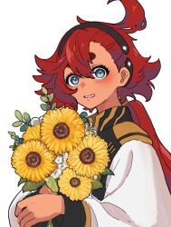 Rule 34 | 1girl, ahoge, asticassia school uniform, black hairband, blue eyes, blush, bouquet, dafs26, flower, gundam, gundam suisei no majo, hair between eyes, hair slicked back, hairband, highres, holding, holding flower, leaf, long hair, looking at viewer, low ponytail, open mouth, red hair, school uniform, solo, suletta mercury, sunflower, thick eyebrows, upper body, white background, wide sleeves