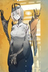 Rule 34 | 1girl, animal ears, barcode, blonde hair, breasts, cleavage, closed eyes, closed mouth, colored skin, dress, extra arms, grey dress, grey skin, halo, highres, horns, idkuroi, large breasts, long dress, original, own hands together, short hair, solo, strapless, strapless dress, yellow background