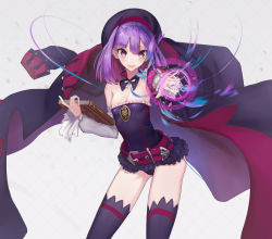 Rule 34 | 1girl, :d, bare shoulders, belt, beret, blush, book, breasts, cleavage, detached sleeves, fate/grand order, fate (series), hat, helena blavatsky (fate), helena blavatsky (third ascension) (fate), jacket, looking at viewer, magic, mins (minevi), open mouth, purple eyes, purple hair, purple thighhighs, small breasts, smile, solo, thighhighs