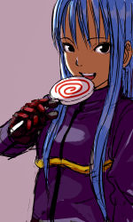 Rule 34 | 1girl, black eyes, blue hair, bodysuit, breasts, candy, food, gloves, highres, kula diamond, lollipop, long hair, looking at viewer, open mouth, simple background, smile, snk, solo, the king of fighters, yamamoto souichirou