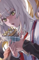Rule 34 | 1girl, crepe, eating, fate/grand order, fate (series), food, holding, ice cream crepe, ina (rimuna 1228), jacket, lipstick, long hair, makeup, marie antoinette (alter) (fate), marie antoinette (fate), purple lips, school uniform, solo, white hair, yellow eyes