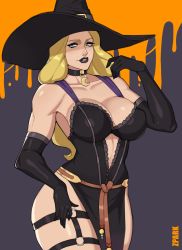 Rule 34 | 1girl, 2022, absurdres, alternate costume, black dress, black gloves, black lips, blonde hair, blue eyes, breasts, choker, cleavage, crescent, dress, elbow gloves, eyebrows, gloves, halloween, halloween costume, hand on own thigh, hand on thigh, hat, highres, kolin, large breasts, lips, long hair, muscular, muscular female, parted lips, solo, standing, street fighter, street fighter v, thick lips, thick thighs, thigh strap, thighs, wavy hair, witch hat, zpark