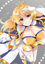 Rule 34 | 1girl, blonde hair, blue capelet, blush, breasts, capelet, cleavage, closed mouth, commentary request, cross, dated, dress, from above, full body, garter straps, gloves, gold trim, grey background, hair between eyes, highres, jumping, large breasts, long hair, looking at viewer, medium bangs, moko (gumaguma m), purple eyes, ragnarok masters, ragnarok online, saint (ragnarok masters), shaded face, shoes, short dress, smile, solo, thighhighs, white dress, white gloves, white thighhighs, yellow footwear