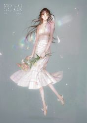 Rule 34 | 1girl, brown eyes, brown hair, chinese text, earrings, flower, full body, highres, jewelry, long hair, long skirt, looking at viewer, moss (2225028), navel, original, parted lips, skirt, sleeveless, solo, white skirt