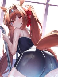 Rule 34 | 1girl, absurdres, animal ears, ass, ass focus, backlighting, black one-piece swimsuit, blue one-piece swimsuit, blush, brown hair, closed mouth, daiwa scarlet (umamusume), foreshortening, hair between eyes, hair intakes, highres, horse ears, horse girl, horse tail, long hair, looking at viewer, looking back, one-piece swimsuit, pomp (qhtjd0120), red eyes, solo, swimsuit, tail, thighs, tiara, twintails, umamusume, wet, wet clothes
