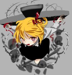 Rule 34 | 1girl, black skirt, black vest, blonde hair, blush, bone, chamaruk, collared shirt, cross, from above, grey background, hair ribbon, highres, long sleeves, open mouth, outstretched arms, red eyes, red ribbon, ribbon, rumia, shirt, short hair, simple background, skirt, skull, smile, solo, spread arms, touhou, vest, white shirt