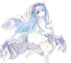 Rule 34 | 1girl, armpit crease, blue eyes, blue flower, bridal gauntlets, bridal veil, bride, brown dust 2, closed mouth, dress, elf, eyebrows hidden by hair, flat chest, flower, flower wreath, from side, grey hair, hair between eyes, head wreath, heterochromia, long hair, outstretched hand, pantyhose, pei li31705, pink flower, pointy ears, red eyes, refithea (brown dust), simple background, smile, solo, standing, strapless, strapless dress, toes, veil, very long hair, white background, white dress, white pantyhose
