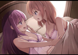 Rule 34 | 2girls, bare arms, bedroom, breasts, brown hair, camisole, cleavage, collarbone, eye contact, gochuumon wa usagi desu ka?, hair between eyes, hair down, highres, hoto cocoa, indoors, letterboxed, long hair, looking at another, medium breasts, midriff, multiple girls, open mouth, pillow, pink shirt, purple eyes, purple hair, shirt, sleeveless, sleeveless shirt, spaghetti strap, straight hair, sure ibu, tedeza rize, under covers, very long hair, yuri
