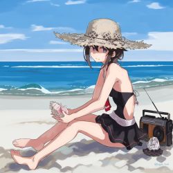 Rule 34 | 1girl, adapted costume, ahoge, beach, black hair, black one-piece swimsuit, black skirt, blue eyes, blue sky, braid, casual one-piece swimsuit, cloud, conch, day, dress, hair flaps, hair over shoulder, hat, highres, horizon, kantai collection, looking at viewer, ocean, one-piece swimsuit, outdoors, pleated dress, radio, shigure (kancolle), shigure kai ni (kancolle), single braid, sitting, skirt, sky, solo, straw hat, sugue tettou, sun hat, swimsuit, swimsuit skirt, waves