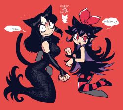 Rule 34 | 2girls, absurdres, animal ears, black hair, cat ears, cat tail, english text, fang, highres, looking at viewer, multiple girls, noss (rariatto), original, pantyhose, paw pose, pointy ears, rariatto (ganguri), red background, red eyes, red legwear, sanpaku, smile, speech bubble, striped clothes, striped legwear, striped pantyhose, tail, vampire, zakuro (rariatto)