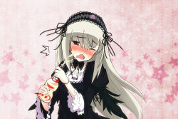Rule 34 | 00s, 1girl, bad id, bad pixiv id, drink, female focus, highres, long hair, rozen maiden, sexually suggestive, solo, suggestive fluid, suigintou, uiu, white hair, yakult