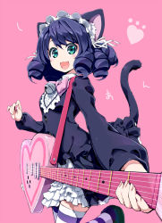 Rule 34 | 10s, 1girl, akata itsuki, animal ears, bell, black hair, bow, cat ears, cat tail, curly hair, cyan (show by rock!!), dress, fangs, green eyes, guitar, highres, instrument, looking at viewer, open mouth, pink bow, show by rock!!, smile, solo, strawberry heart (show by rock!!), striped clothes, striped thighhighs, tail, thighhighs