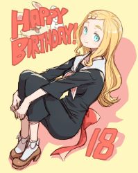 Rule 34 | 1girl, aqua eyes, black dress, blonde hair, blush, bow, breasts, brown footwear, closed mouth, commentary, dress, flower, full body, hair flower, hair ornament, hairclip, happy birthday, harohapi! shinonome megu-chan no oheya, highres, long hair, long sleeves, looking at viewer, medium breasts, parted bangs, red bow, shinonome megu, sitting, sketch, smile, solo, thick eyebrows, virtual youtuber, yoshida on