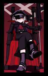 Rule 34 | 1girl, akatsuki blitzkampf, ascot, black coat, black gloves, boots, cape, chair, coat, commentary, crossed legs, gloves, gradient, gradient background, gun, hat, highres, holding, holding weapon, kuroirozuki, long coat, long hair, perfecti, polearm, red background, red cape, red eyes, sitting, smile, solo, weapon, white hair