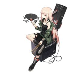 Rule 34 | 1girl, ahoge, amplifier, belt, black dress, black footwear, black nails, boots, buckle, cable, collarbone, cross, cross-laced footwear, cross earrings, crossed legs, dress, drone, drumsticks, earrings, full body, girls&#039; frontline, glaring, green jacket, gun, hand up, holding, holding drumsticks, jacket, jewelry, jong tu, lace-up boots, leather, leather choker, leather wrist straps, light brown hair, long hair, looking at viewer, mouth hold, multiple earrings, multiple rings, nail polish, o-ring, off shoulder, official alternate costume, official art, open clothes, open jacket, punk, red eyes, ring, rocker-chic, side slit, sidelocks, sitting, sitting on object, skirt, solo, tank top, thigh strap, thumb ring, transparent background, type 80 (girls&#039; frontline), type 80 (steel butterfly) (girls&#039; frontline), very long hair, weapon, weapon case, wrist straps