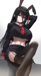 Rule 34 | 1girl, amebi, animal ears, arm behind head, arm up, black choker, black hair, black rabii, black serafuku, black skirt, black thighhighs, blue archive, blurry, breasts, choker, commentary, commission, cosplay, crop top, crop top overhang, crossed legs, depth of field, dutch angle, extra ears, from below, garter straps, gradient background, hair between eyes, hasumi (blue archive), hasumi (blue archive) (cosplay), highres, large breasts, long hair, long sleeves, looking at viewer, midriff, miniskirt, mole, mole on breast, mole under eye, navel, no bra, pleated skirt, rabbit ears, red eyes, school uniform, second-party source, serafuku, side slit, simple background, sitting, skirt, solo, stomach, symbol-only commentary, thighhighs, thighs, underboob, very long hair