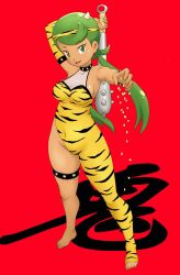 Rule 34 | 1girl, alternate costume, animal print, barefoot, breasts, club, club (weapon), commentary request, covered navel, creatures (company), dark-skinned female, dark skin, full body, game freak, green eyes, green hair, highres, holding, holding weapon, horns, kanabou, long hair, looking at viewer, mallow (pokemon), medium breasts, nintendo, open mouth, pokemon, pokemon sm, red background, rice, simple background, smile, solo, standing, tiger print, tof, twintails, weapon