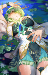 Rule 34 | 1girl, absurdres, antlers, braid, braided bangs, breasts, ceres fauna, ceres fauna (1st costume), cleavage cutout, clothing cutout, flower, gradient hair, green hair, green nails, hair flower, hair ornament, hcz n, highres, hololive, hololive english, horns, large breasts, long hair, looking at viewer, lying, mole, mole under eye, multicolored hair, on back, solo, virtual youtuber, yellow eyes
