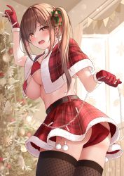 Rule 34 | 1girl, absurdres, ass, bikini, black thighhighs, breasts, brown eyes, brown hair, christmas, christmas tree, cleavage, decorating, fishnet thighhighs, fishnets, highres, large breasts, looking at viewer, looking back, monaka curl, open mouth, original, panties, red bikini, red panties, santa bikini, santa costume, side ponytail, solo, swimsuit, thighhighs, thighs, underwear, upskirt