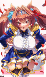 Rule 34 | 1girl, absurdres, animal ears, blue dress, blush, bow, bowtie, breasts, brown hair, buttons, center frills, cowboy shot, daiwa scarlet (umamusume), dress, epaulettes, fang, frills, garter straps, hair bow, hair intakes, hair ornament, hands on own hips, highres, horse ears, horse girl, large breasts, long hair, long sleeves, looking at viewer, open mouth, petals, pom pom (clothes), pom pom hair ornament, red eyes, simple background, skin fang, solo, tassel, thighhighs, tiara, twintails, twitter username, umamusume, zzo0