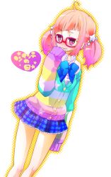 Rule 34 | 1girl, ahoge, ayu (rinrin53), bow, bowtie, colorful, dress shirt, eyebrows, girlfriend (kari), glasses, gradient hair, hair ornament, halftone, heart, highres, looking away, multicolored hair, nejikawa raimu, orange hair, pink hair, plaid, plaid skirt, pleated skirt, purple eyes, red-framed eyewear, shirt, skirt, sleeves past wrists, solo, standing, star (symbol), star hair ornament, striped clothes, striped sweater, sweater, twintails, twintails day, wavy mouth, white background