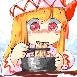 blonde_hair blush bow eating fairy food hair_bow hat lily_white looking_down noodles pot ramen red_eyes sweat touhou vegetable wings yaise