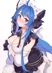 Rule 34 | 1girl, ahoge, apron, azur lane, blue hair, blush, breasts, cheshire (azur lane), cheshire (azur lane) (cosplay), cleavage, commentary request, cosplay, detached sleeves, dress, frilled hairband, frilled headband, frilled ribbon, frills, frown, gradient hair, hairband, helena (azur lane), highres, long hair, long ribbon, maid, maid headdress, marshall k, multicolored hair, puffy detached sleeves, puffy sleeves, purple apron, purple eyes, ribbon, wrist cuffs