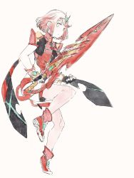 Rule 34 | 1girl, breasts, covered navel, earrings, fingerless gloves, gloves, hair ornament, highres, jewelry, looking at viewer, miusa, nintendo, pyra (xenoblade), red eyes, red hair, short hair, shorts, sidelocks, simple background, solo, sword, tiara, weapon, white background, xenoblade chronicles (series), xenoblade chronicles 2, xenoblade chronicles (series), xenoblade chronicles 2