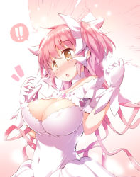Rule 34 | !, !!, 1girl, angel wings, bow, breasts, chauke, dress, frilled dress, frills, hair bow, hair ribbon, highres, kaname madoka, large breasts, long hair, mahou shoujo madoka magica, mahou shoujo madoka magica (anime), open mouth, pink hair, ribbon, solo, speech bubble, spoken exclamation mark, surprised, two side up, ultimate madoka, white dress, wings, yellow eyes