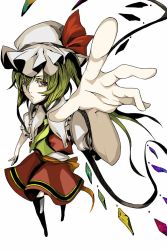 Rule 34 | 1girl, bad id, bad pixiv id, black thighhighs, colored eyelashes, embodiment of scarlet devil, eyelashes, female focus, flandre scarlet, foreshortening, from above, full body, hat, highres, iro marimo, serious, short sleeves, simple background, solo, thighhighs, touhou, white background, wings