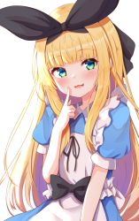 Rule 34 | 1girl, :d, apron, baram, black bow, black ribbon, blonde hair, blue dress, blunt bangs, blush, bow, collared dress, commentary request, dress, green eyes, hair ribbon, hand up, head tilt, highres, index finger raised, long hair, looking at viewer, mononobe alice, mononobe alice (1st costume), multicolored hair, nijisanji, open mouth, puffy short sleeves, puffy sleeves, purple hair, ribbon, short sleeves, simple background, smile, solo, two-tone hair, very long hair, virtual youtuber, white apron, white background