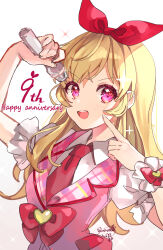 Rule 34 | 1girl, :d, aikatsu!, aikatsu! (series), anniversary, blonde hair, bow, collared shirt, commentary request, finger to face, hair bow, highres, holding, holding microphone, hoshimiya ichigo, long hair, looking at viewer, microphone, necktie, open mouth, pink vest, puffy short sleeves, puffy sleeves, puracotte, red bow, red eyes, red necktie, shirt, short sleeves, signature, smile, solo, sparkle, teeth, upper body, upper teeth only, v-shaped eyebrows, vest, white background, white shirt, wrist cuffs