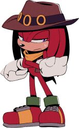 Rule 34 | 1boy, animal nose, averting eyes, bandana, body fur, bottomless, brown hat, brown vest, closed mouth, cowboy hat, crossed arms, digimin, full body, furry, furry male, gloves, half-closed eyes, hat, knuckles the echidna, long hair, looking to the side, male focus, nervous, non-web source, official art, open clothes, open vest, purple eyes, red footwear, red fur, red hair, ring (sonic), shoes, sidelocks, sideways mouth, simple background, solo, sonic (series), spiked gloves, standing, sweat, tail, the murder of sonic the hedgehog, transparent background, vest, yellow bandana, yellow gloves