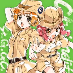 Rule 34 | 10s, 2girls, alternate costume, belt, black belt, black bow, blue eyes, bow, braid, brown eyes, brown hat, brown shirt, brown shorts, collared shirt, commentary request, cowboy shot, girls und panzer, green background, hair bow, hat, highres, jacket, kuroi mimei, looking at viewer, multiple girls, open mouth, orange hair, orange pekoe (girls und panzer), parted bangs, red hair, rosehip (girls und panzer), safari jacket, shirt, short hair, short sleeves, shorts, smile, standing, standing on one leg, twin braids