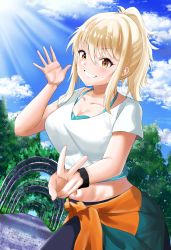 Rule 34 | 1girl, arch, black pantyhose, black wristband, blonde hair, breasts, clothes around waist, cloud, commentary, crop top, day, grin, highres, looking at viewer, love live!, love live! nijigasaki high school idol club, medium breasts, medium hair, midriff, miyashita ai, momouninego, open hand, outdoors, pantyhose, ponytail, shirt, short sleeves, sidelocks, smile, solo, sunlight, sweater, sweater around waist, tree, v, v-shaped eyebrows, waving, white shirt, wristband, yellow eyes
