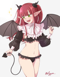 Rule 34 | 1girl, :d, absurdres, black nails, black panties, black wings, blunt bangs, blush, breasts, cowboy shot, crop top, demon girl, demon horns, demon tail, demon wings, fangs, fingernails, frilled panties, frilled shirt collar, frilled sleeves, frills, green eyes, highres, holding tail, horns, kitagawa marin, long fingernails, long hair, long sleeves, looking down, lygon, medium breasts, nail polish, neck ribbon, open mouth, panties, pointy ears, puffy long sleeves, puffy sleeves, red hair, ribbon, rizu-kyun, sharp fingernails, sidelocks, signature, simple background, smile, solo, sono bisque doll wa koi wo suru, sparkle, tail, twitter username, two side up, underwear, white background, white ribbon, wings