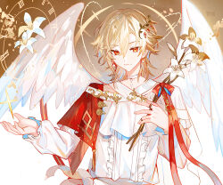 Rule 34 | 1boy, angel wings, blonde hair, bow, brown background, cape, center frills, clock, commentary, earrings, feathered wings, flower, frills, genshin impact, gold trim, gradient background, halo, holding, holding flower, jewelry, juexing (moemoe3345), kaveh (genshin impact), looking at viewer, male focus, orange eyes, outstretched hand, red bow, red cape, shirt, short hair, solo, sparkle, upper body, white flower, white shirt, white wings, wings