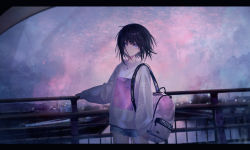 Rule 34 | 1girl, backpack, bag, black hair, blue eyes, blue shorts, canal, cityscape, closed mouth, clothes writing, commentary request, cowboy shot, cutoffs, dusk, grey shirt, haizome senri, highres, letterboxed, long sleeves, looking at viewer, original, outdoors, railing, shirt, short hair, short shorts, shorts, sidelocks, smile, solo, standing, wide shot