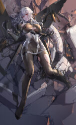Rule 34 | 1girl, absurdres, bandages, bare shoulders, black gloves, bodysuit, breasts, brown bodysuit, cameltoe, cleavage, commentary request, covered navel, duplicate, elbow gloves, gloves, goddess of victory: nikke, highres, large breasts, long hair, looking at viewer, modernia (nikke), red eyes, see-through, see-through cleavage, solo, swd3e2, torn clothes, white hair