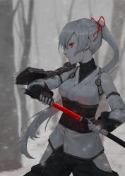 Rule 34 | 1girl, absurdres, areaaaron, armor, commentary request, detached sleeves, fate/grand order, fate (series), fingerless gloves, forest, gloves, greyscale, hair ribbon, highres, holding, holding sword, holding weapon, japanese armor, katana, long hair, looking to the side, mitsudomoe (shape), monochrome, nature, obi, ponytail, red eyes, red ribbon, ribbon, sash, scabbard, sheath, shoulder armor, single detached sleeve, sode, solo, spot color, sword, tomoe (symbol), tomoe gozen (fate), turtleneck, unsheathing, very long hair, weapon