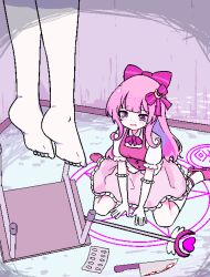 Rule 34 | 2girls, barefoot, blood, bloody knife, blunt bangs, blush, bow, chair, chibikki, commentary, crying, crying with eyes open, death, dress, english commentary, feet, foot out of frame, frilled dress, frills, hair bow, hanged, highres, indoors, knife, magic circle, magical girl saki-hope (chibikki), monochrome, multiple girls, on floor, open mouth, original, pink bow, pink dress, pink eyes, pink footwear, pink hair, pink theme, pixel art, puffy short sleeves, puffy sleeves, saki (chibikki), short sleeves, sidelocks, sitting, soles, staff, suicide, tears, toes, twintails, wariza
