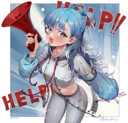Rule 34 | 1girl, absurdres, blue eyes, blue hair, blue jacket, blush, breasts, cropped jacket, earrings, english text, grey jacket, grey pants, gum shrew, highres, hololive, hololive indonesia, jacket, jewelry, kobo kanaeru, long hair, looking at viewer, medium breasts, megaphone, multicolored clothes, multicolored hair, multicolored jacket, open mouth, pants, see-through, see-through jacket, smile, solo, star piercing, two-tone hair, two-tone jacket, virtual youtuber, white hair