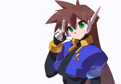 Rule 34 | 1girl, aile (mega man zx), alternate hairstyle, black bodysuit, bodysuit, bodysuit under clothes, brown hair, commentary request, kaidou zx, long hair, looking at viewer, mega man (series), mega man zx, mega man zx advent, robot ears, simple background, solo, upper body, white background