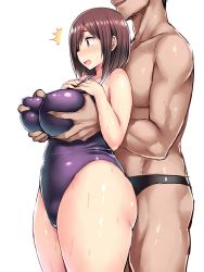 Rule 34 | 1boy, 1girl, blush, grabbing another&#039;s breast, breast suppress, breasts, brown eyes, brown hair, colored skin, covered erect nipples, grabbing, hair over one eye, hetero, highres, huge breasts, one-piece swimsuit, open mouth, original, plump, surprised, sweat, swimsuit, taut clothes, taut swimsuit, tears, thick thighs, thighs, tsukumiya amane, wavy mouth, white background, white skin