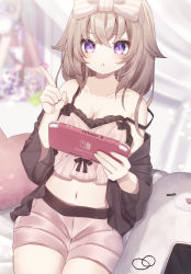 Rule 34 | 1girl, :t, absurdres, bare shoulders, black shirt, blurry, bow, breasts, brown hair, brown shorts, camisole, cleavage, collarbone, crop top, depth of field, game console, hair bow, hair flaps, highres, holding, index finger raised, long hair, looking at viewer, medium breasts, midriff, navel, nintendo switch, off shoulder, open clothes, open shirt, original, pout, purple eyes, sapphire (sapphire25252), shirt, short shorts, shorts, sitting, solo, spaghetti strap, strap slip, v-shaped eyebrows, wide sleeves