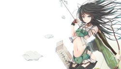 Rule 34 | 10s, 1girl, arrow (projectile), black hair, blue eyes, bow (weapon), hair ribbon, highres, japanese clothes, kantai collection, katsuragi (kancolle), long hair, midriff, nao (qqqbb), ponytail, ribbon, simple background, smile, solo, weapon