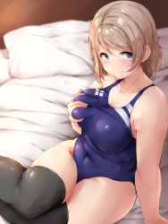 Rule 34 | 1girl, absurdres, black thighhighs, blue eyes, blue one-piece swimsuit, breasts, brown hair, collarbone, competition swimsuit, covered navel, grabbing own breast, hair between eyes, highres, indoors, large breasts, love live!, love live! sunshine!!, on bed, one-piece swimsuit, pillow, shinonon (iso shino), short hair, sitting, solo, swimsuit, thighhighs, watanabe you, yokozuwari